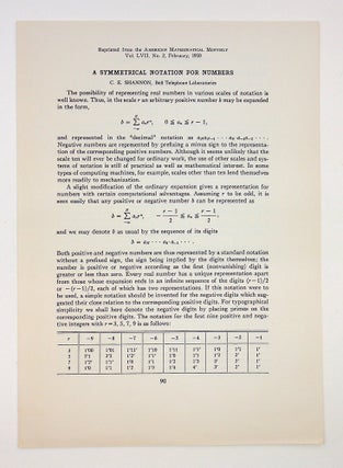 Item #29296 A Symmetrical Notation for Numbers [offprint lacking the blue wrappers]. Claude E....