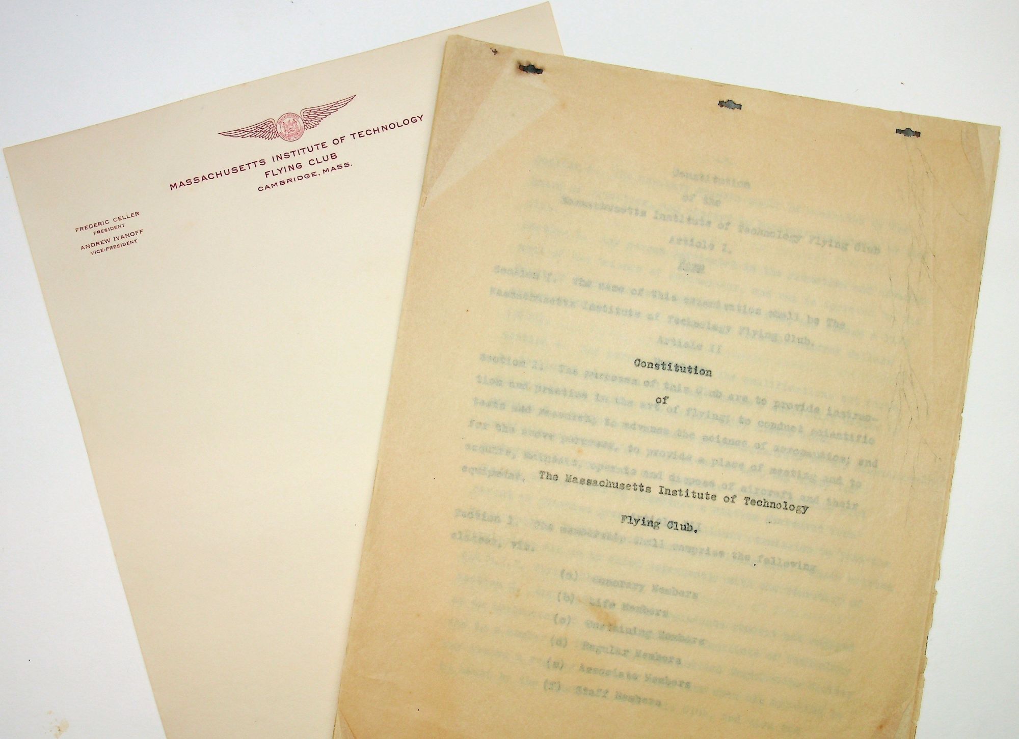 Item #29517 [typewriter carbon] 1927 Constitution of the Massachusetts Institute of Technology Flying Club. MIT Flying Club.