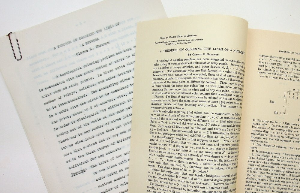 Item #29639 A Theorem on Coloring The Lines of a Network [typescript carbon plus offprint]. Claude E. Shannon, Elwood.