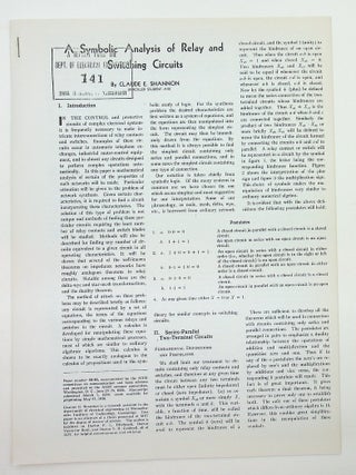 Item #29642 A Symbolic Analysis of Relay and Switching Circuits [later generation copy of the MIT...